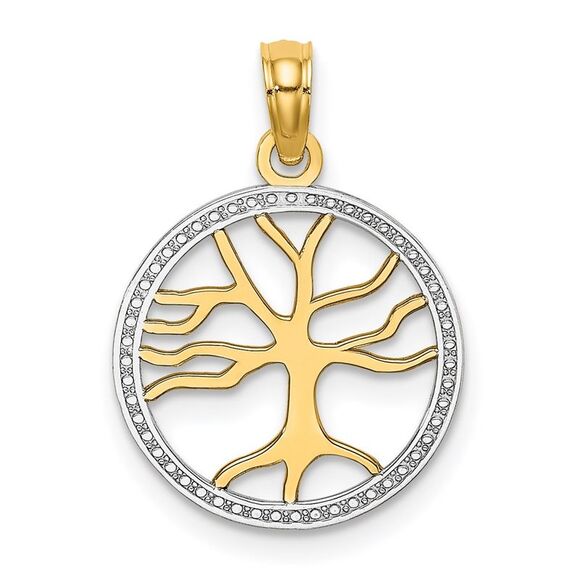 14k Yellow Gold w/Rhodium Tree of Life in Round Frame Charm